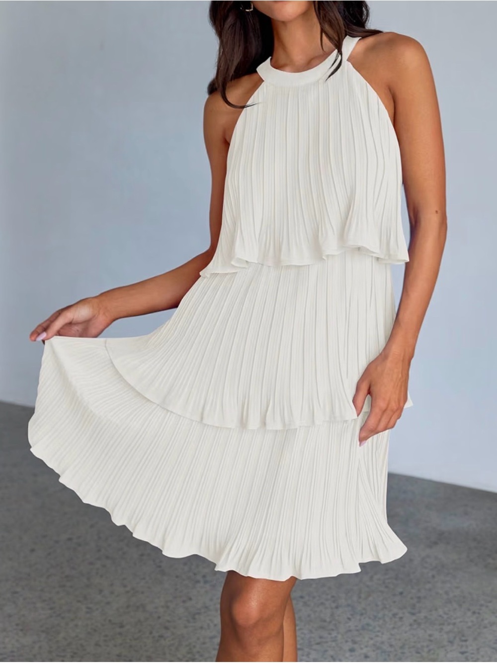 Sleeveless Pleated Tiered Mini Dress in White